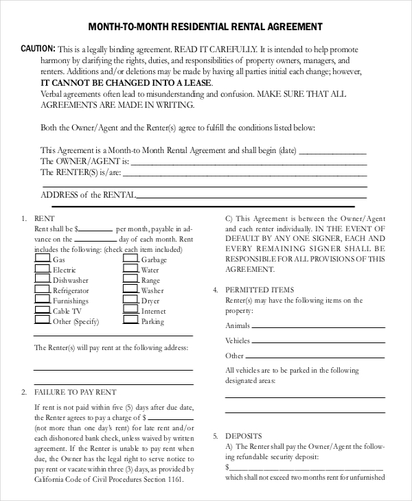 rental agreement template month to month monthly rental agreement 
