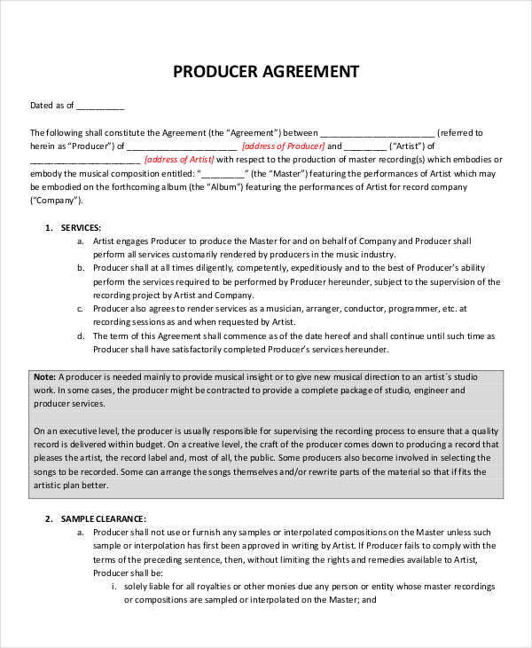 producer agreement template 4 music contract samples templates in 