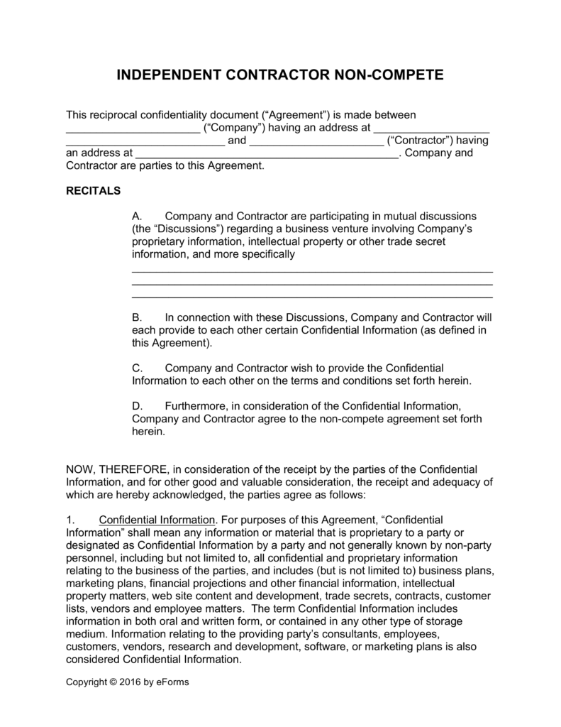 Independent Contractor Non Compete Agreement Template | eForms 