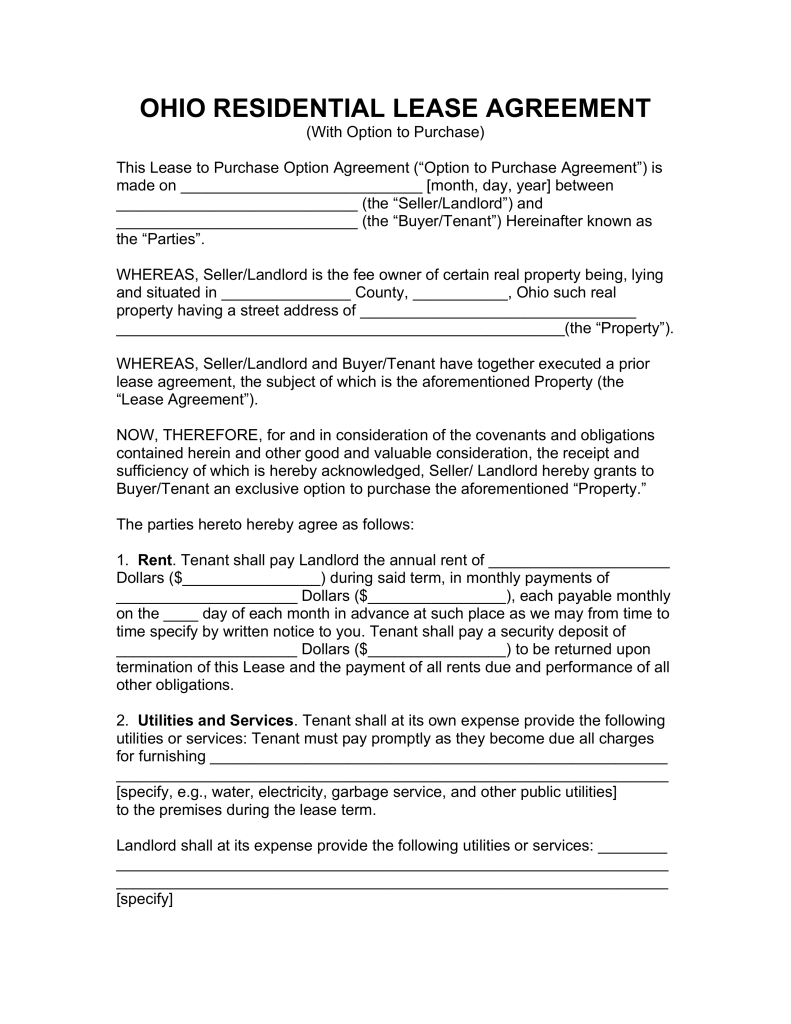 Free Ohio Residential Lease with Option to Purchase Form PDF 