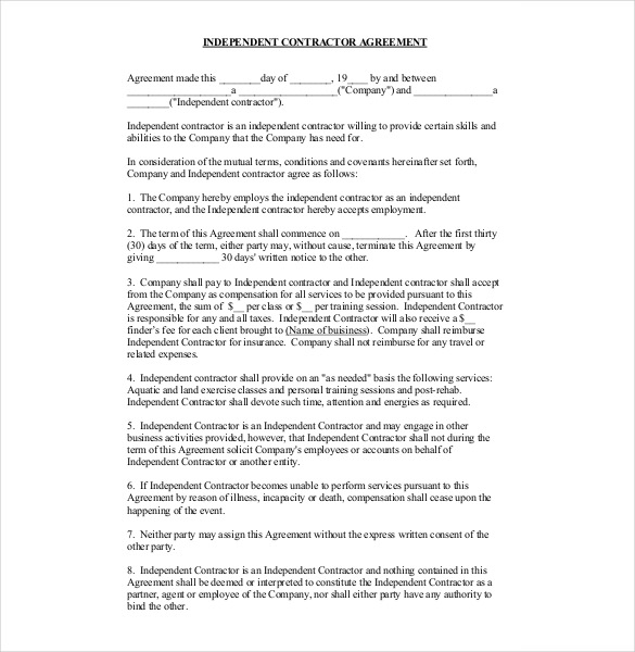 one page independent contractor agreement Editable, Fillable 