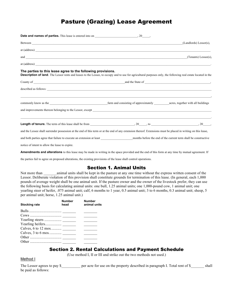 Free Pasture (Grazing) Rental Lease Agreement Template PDF 