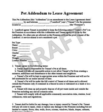 Pet Addendum to a Lease Agreement | Legal Templates