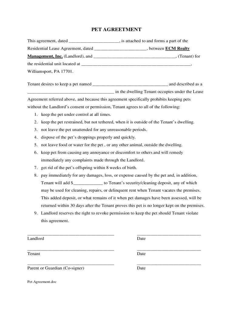 Agreement: Photos Of Pet Agreement Form. Pet Agreement Form
