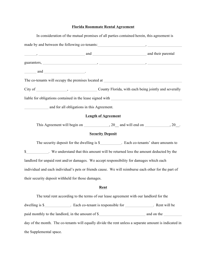 Free Florida Roommate (Room Rental) Agreement Template Word 