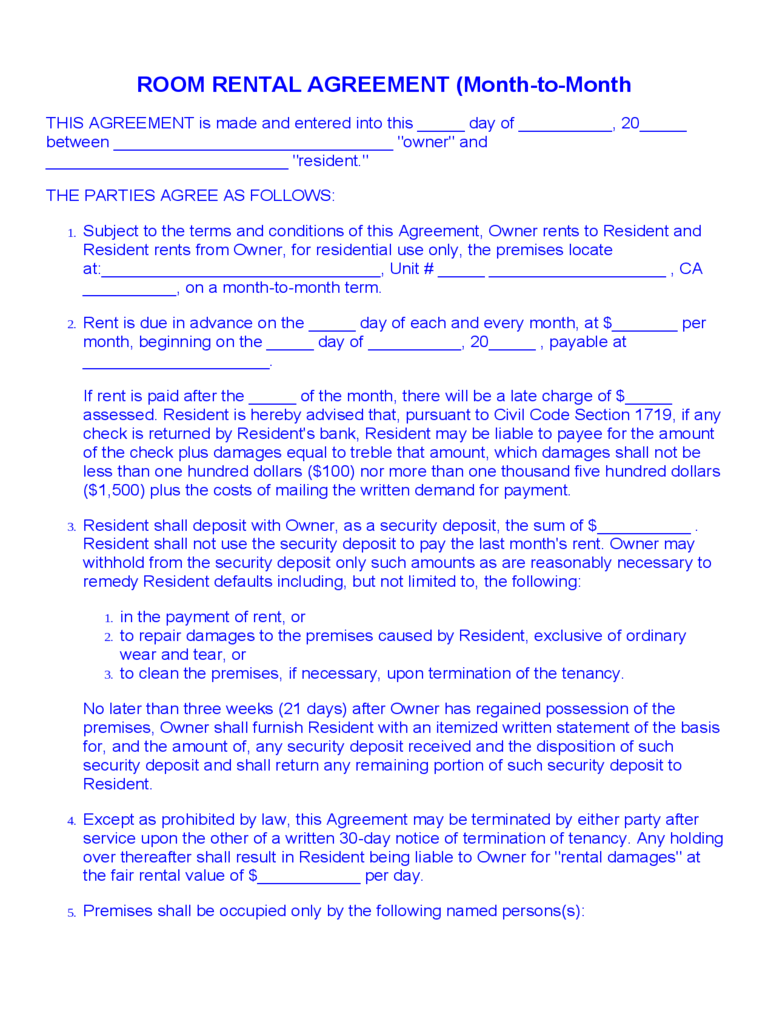 month to month room rental agreement template sample month to 