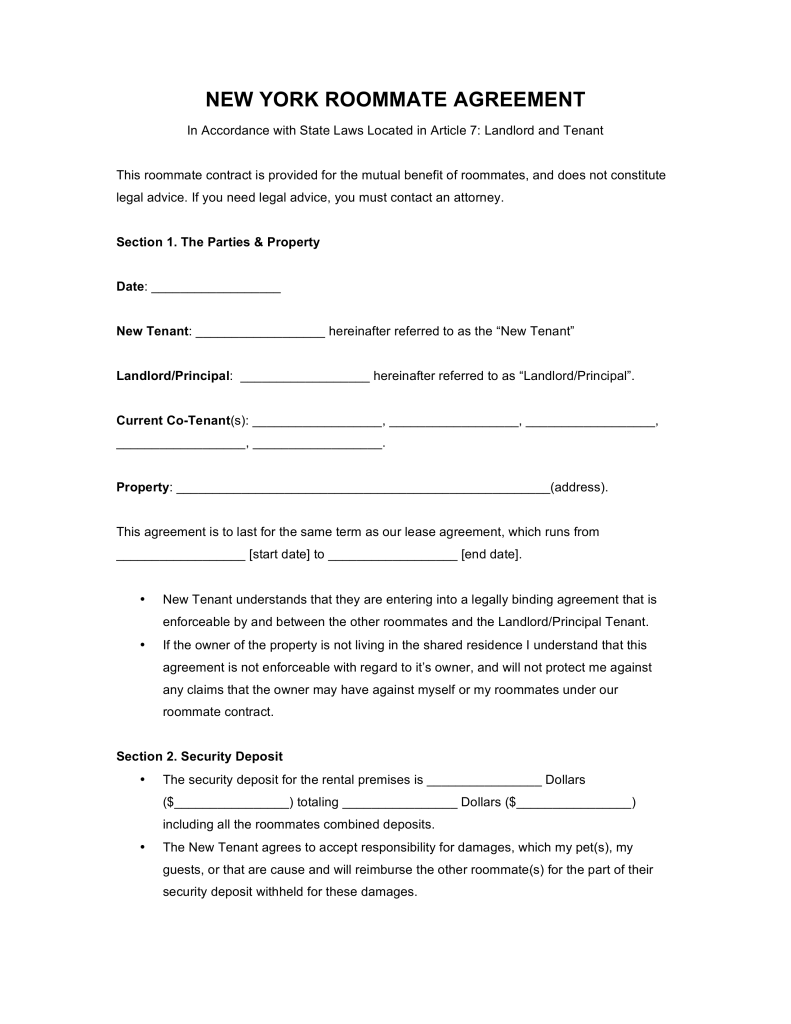 Free New York Roommate Agreement Form PDF | Word | eForms – Free 