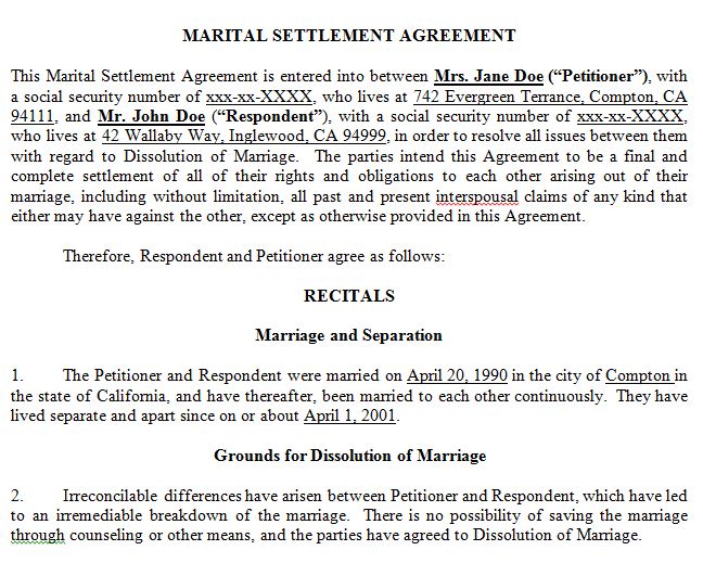 marriage settlement agreement template california marriage 