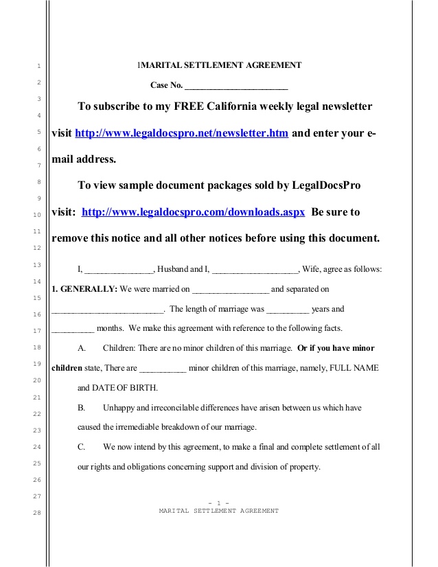 Sample California marital settlement agreement