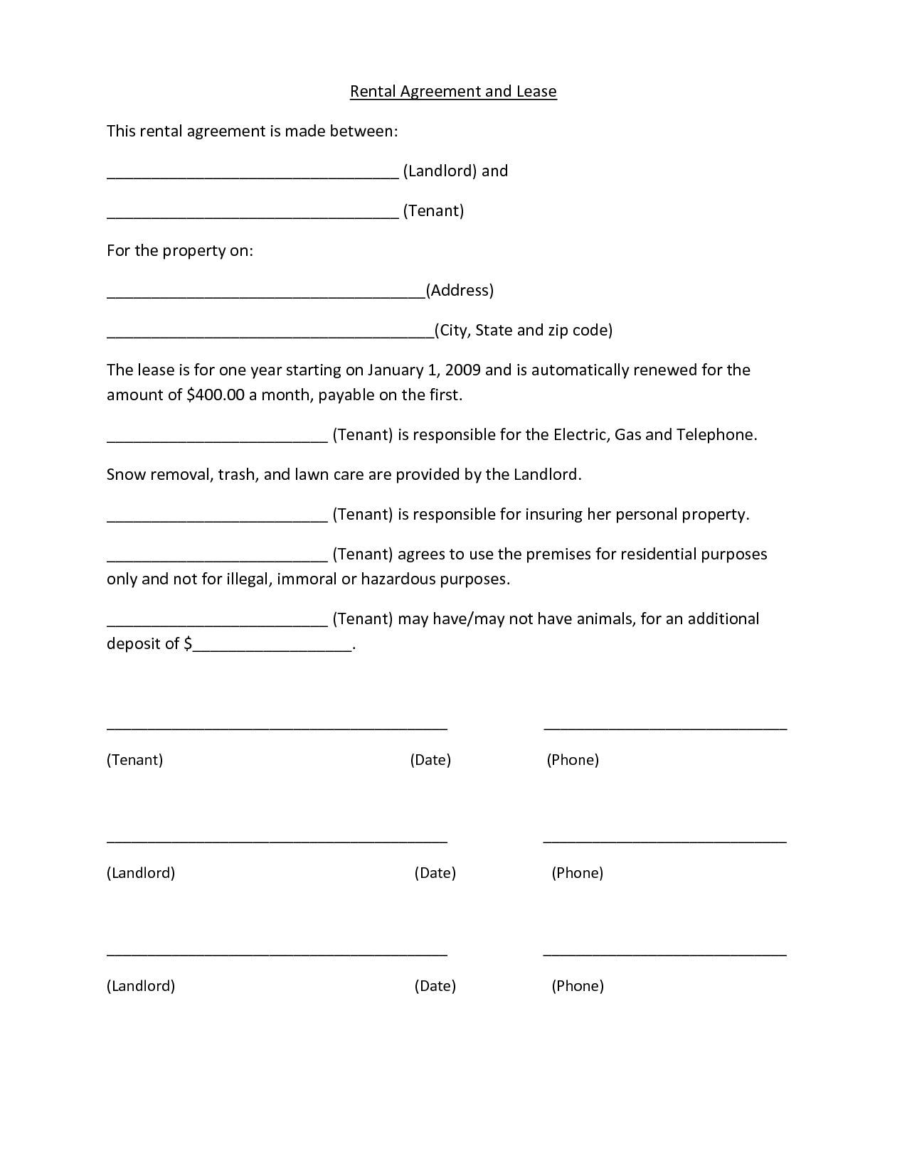 Printable Sample Simple Room Rental Agreement Form | Real Estate 