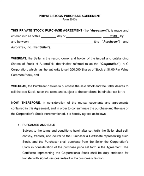 Sample Stock Purchase Agreement Form 7+ Free Documents in PDF