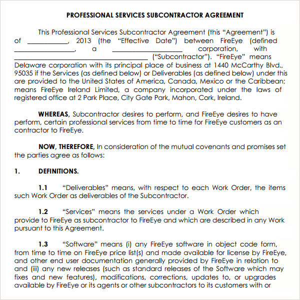 subcontractor service agreement template professional service 