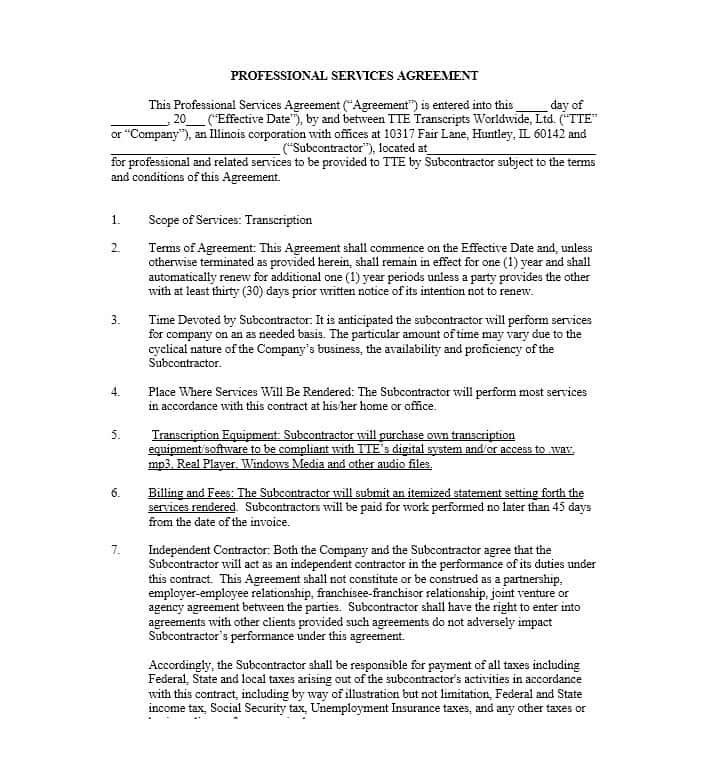 independent subcontractor agreement template