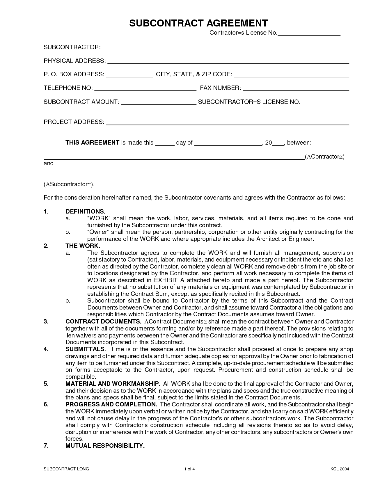 Best Ideas for Free Subcontractor Agreement Forms Templates In 