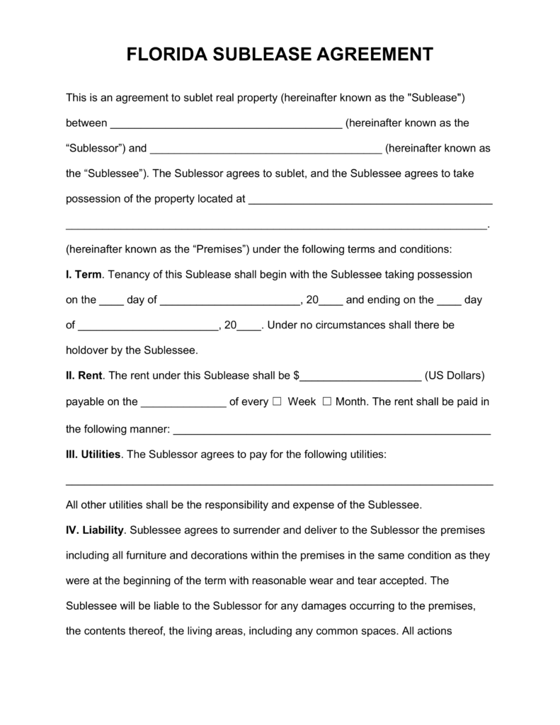 Florida Sub Lease Agreement Template | eForms – Free Fillable Forms