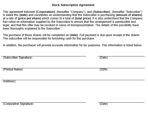 stock subscription agreement template