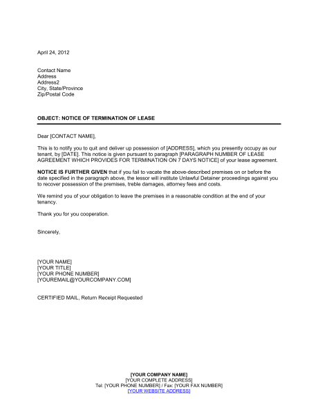 Landlord Notice of Termination of Lease Template & Sample Form 