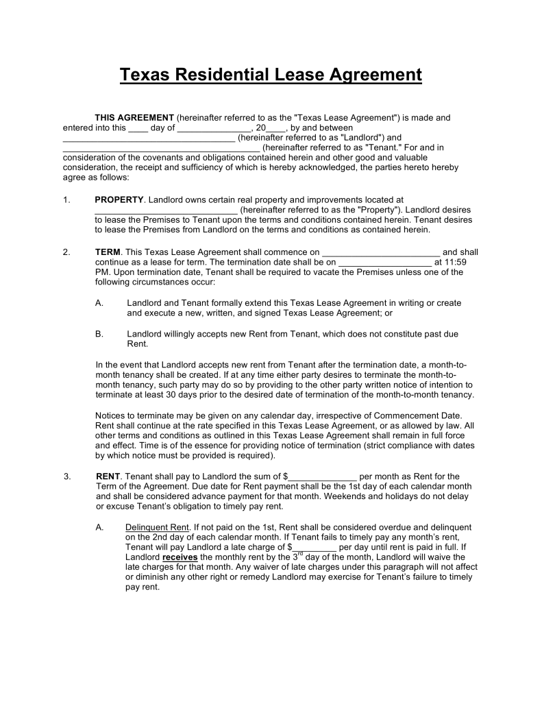 Free Texas Standard Residential Lease Agreement Template PDF 