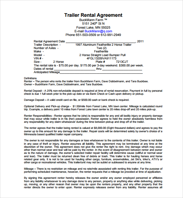 11+ Trailer Rental Agreement Templates – PDF | Sample Templates