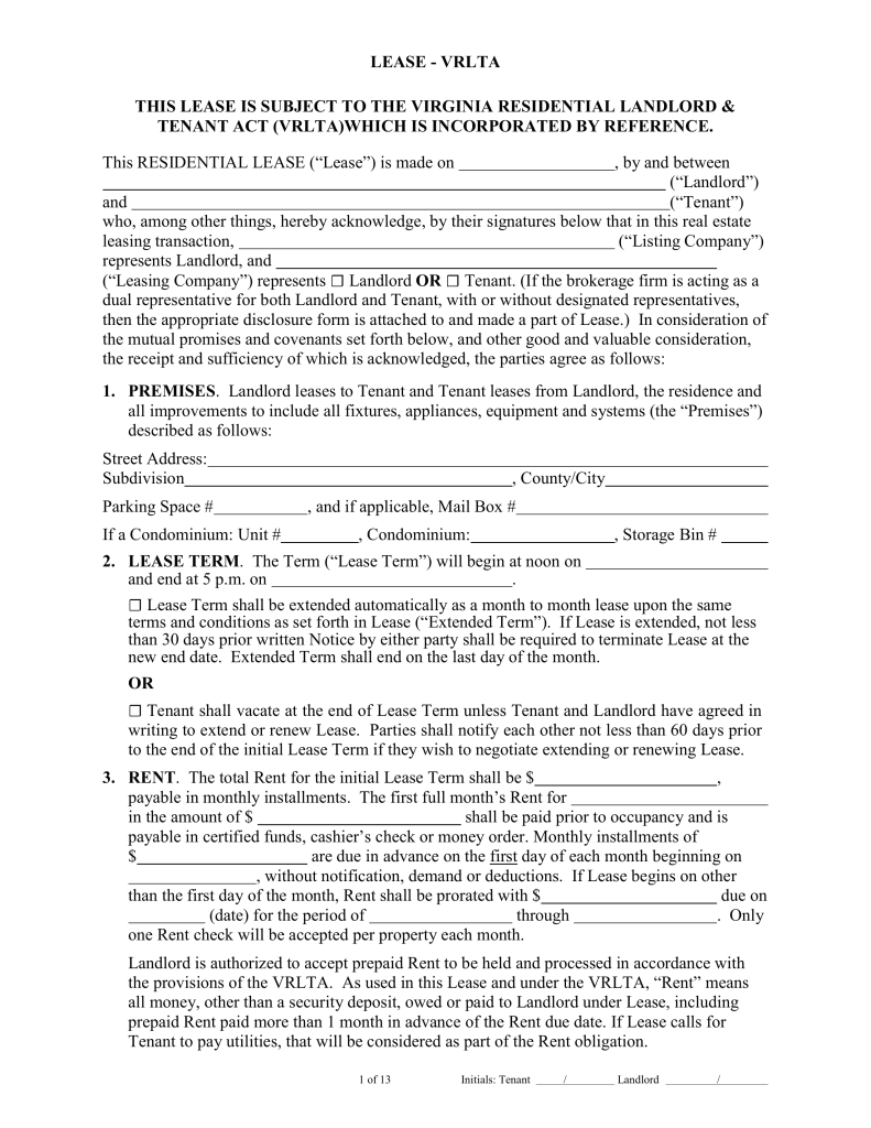 Free Virginia Standard Residential Lease Agreement Template PDF 
