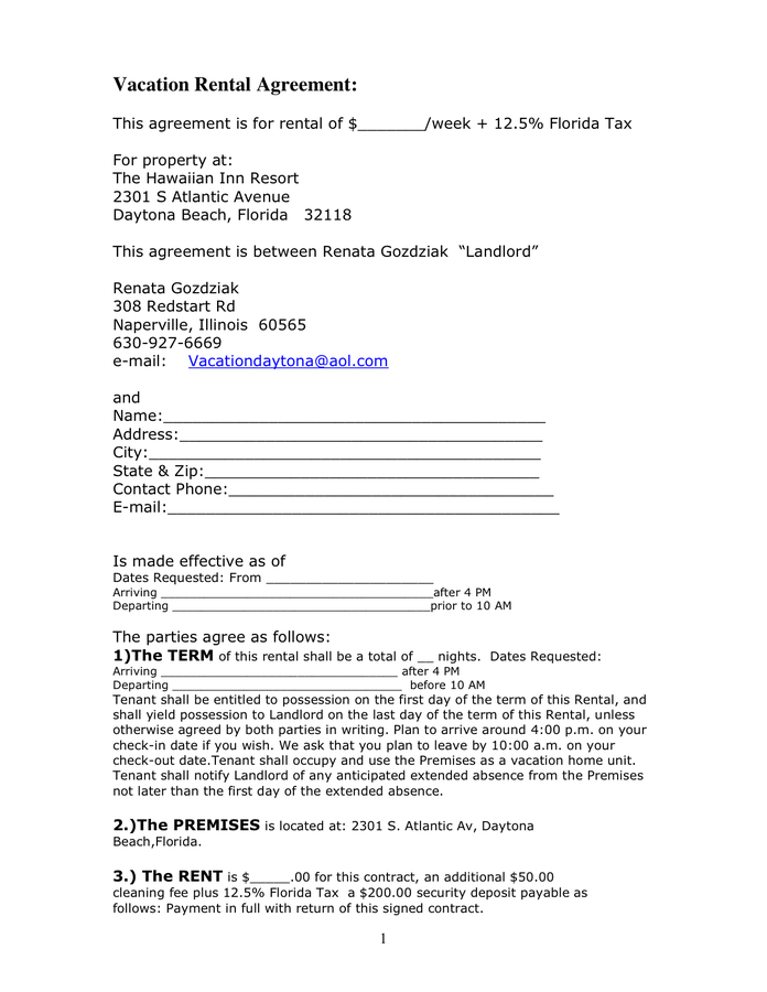 vacation rental agreement template weekly rental agreement 