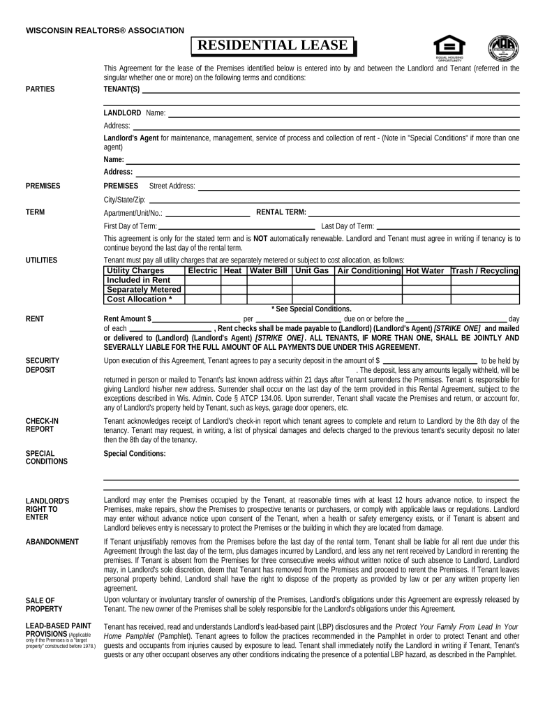 Free Wisconsin Association of Realtors Residential Lease Agreement 